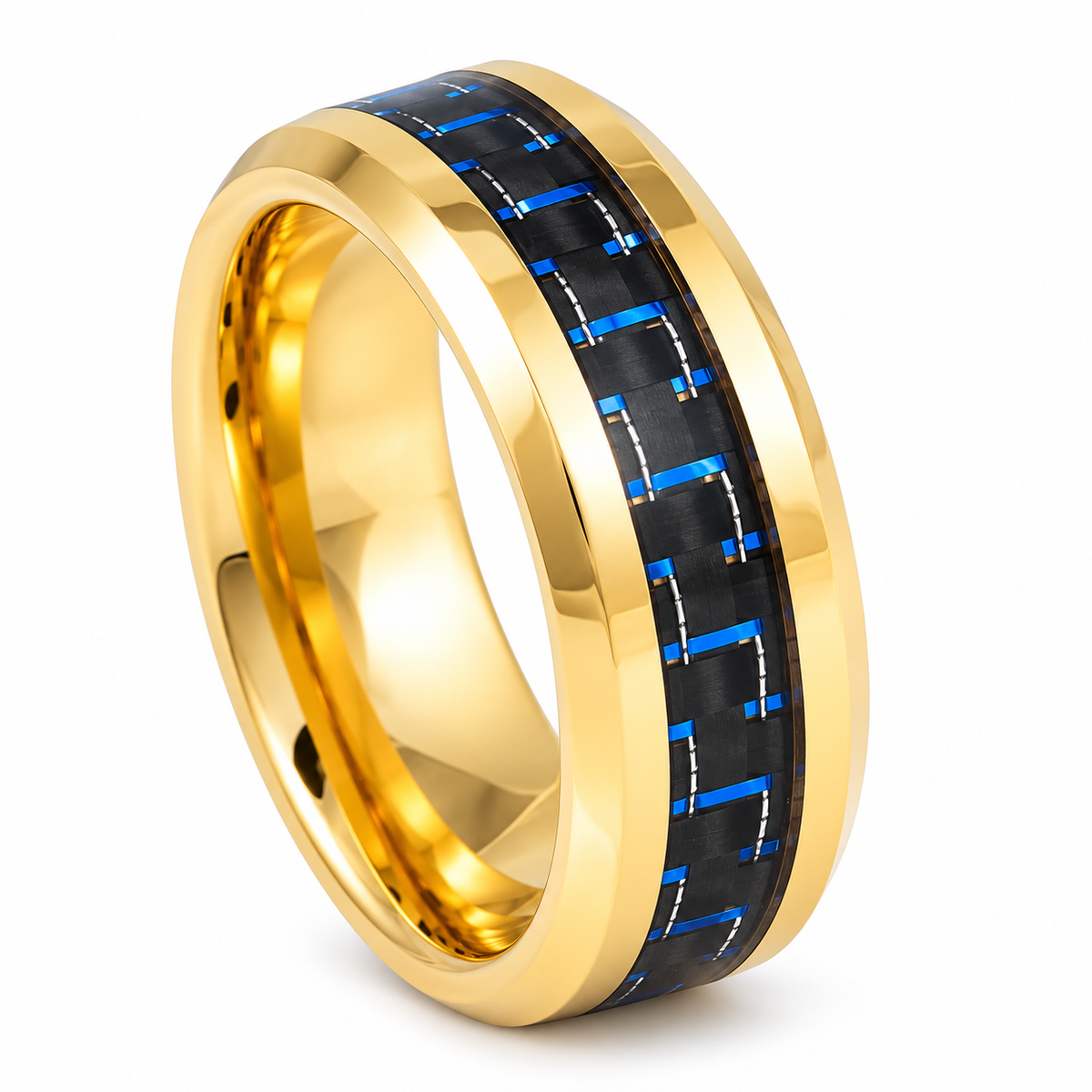 Gold Polished with Blue Carbon Fiber Inlay Tungsten 8mm Wedding Band — angled studio product view