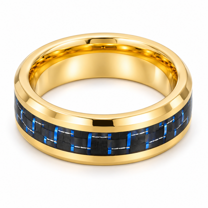 Gold Polished with Blue Carbon Fiber Inlay Tungsten 8mm Wedding Band — topdown studio product view